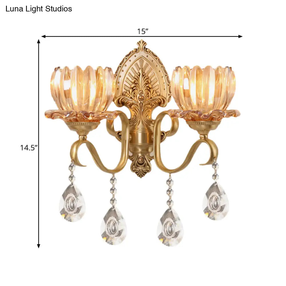 Petal Wall Mount Amber Glass Bedroom Lighting With Crystal Deco - Modern Design In Brass
