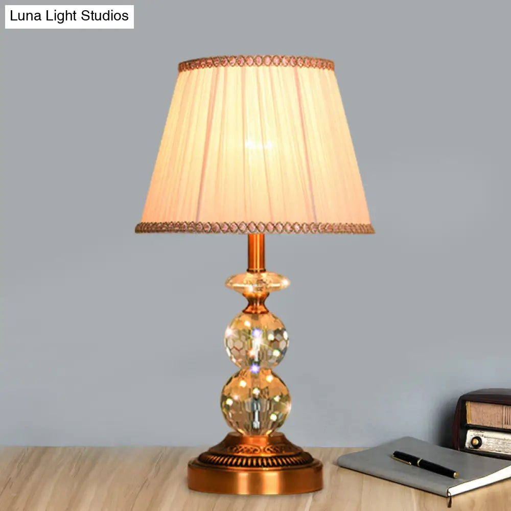 Pink Pleated Fabric Nightstand Lamp With Crystal Orbs: Traditional Design In Pink/White/Coffee Shade