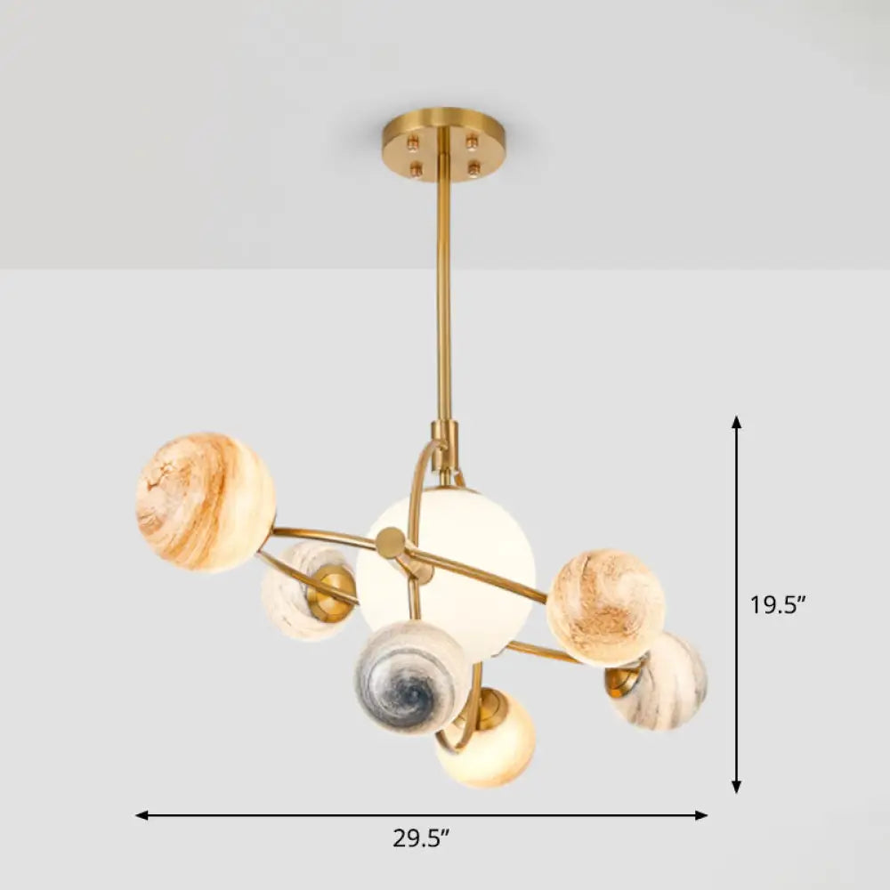 Planet Children’s Chandelier: Stained Glass 7-Light Ceiling Light With Metal Ring In Gold -