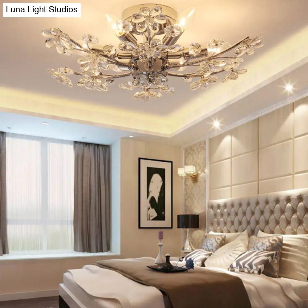 Postmodern Crystal Flower Ceiling Light - 6 Lights Chrome Finish Semi Flush 23’/27.5’ Wide