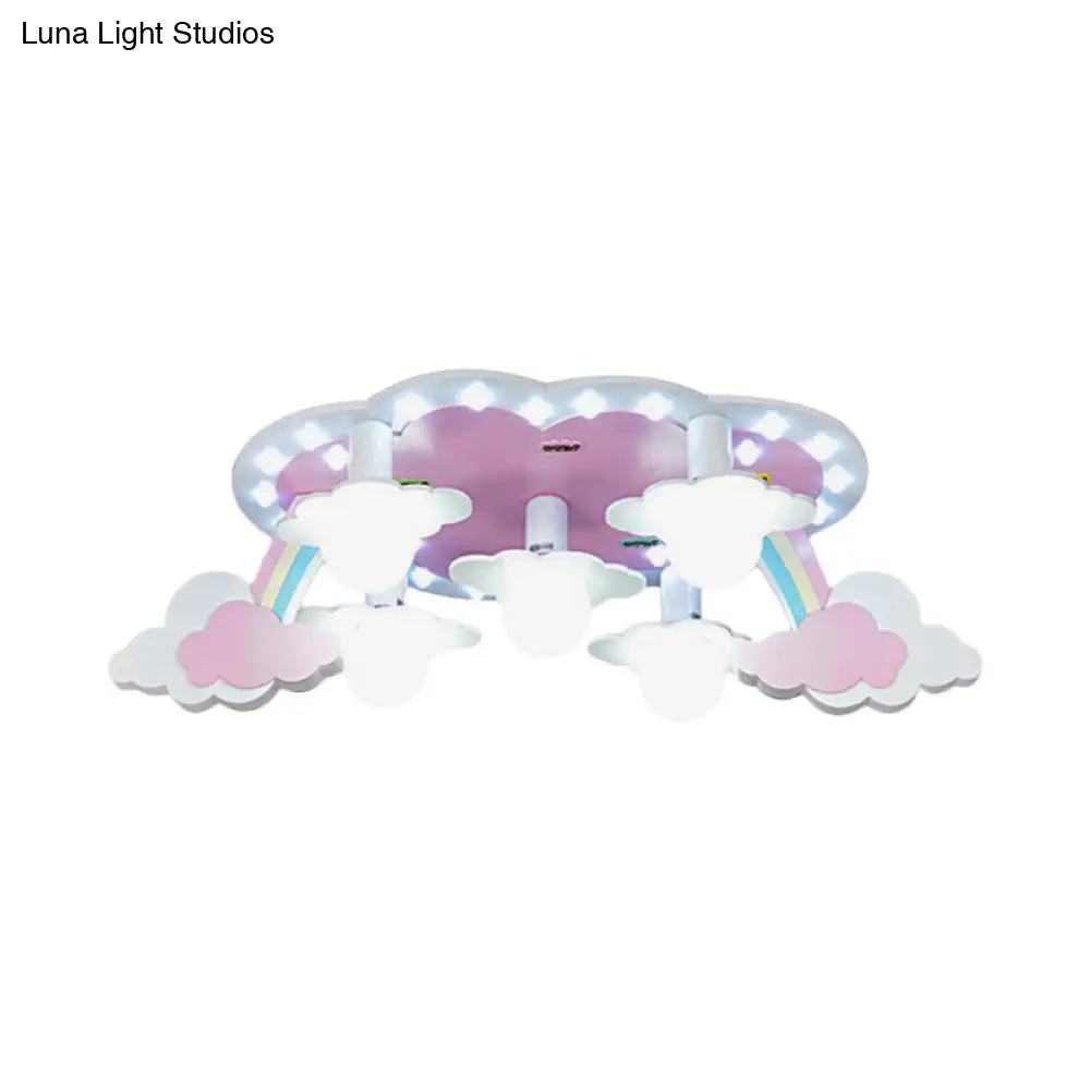 Rainbow Girl’s Wood Ceiling Lamp: Pink 5 - Light Cartoon Flush Mount With Open Bulb Design
