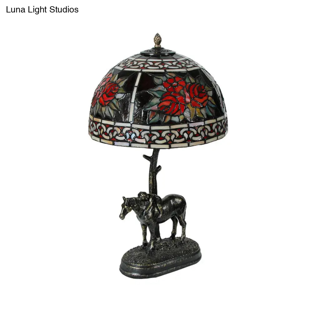 Rastaban - Vintage Stained Glass Bronze Desk Lamp Bowl 1-Bulb Night Table Light With Boy On Horse
