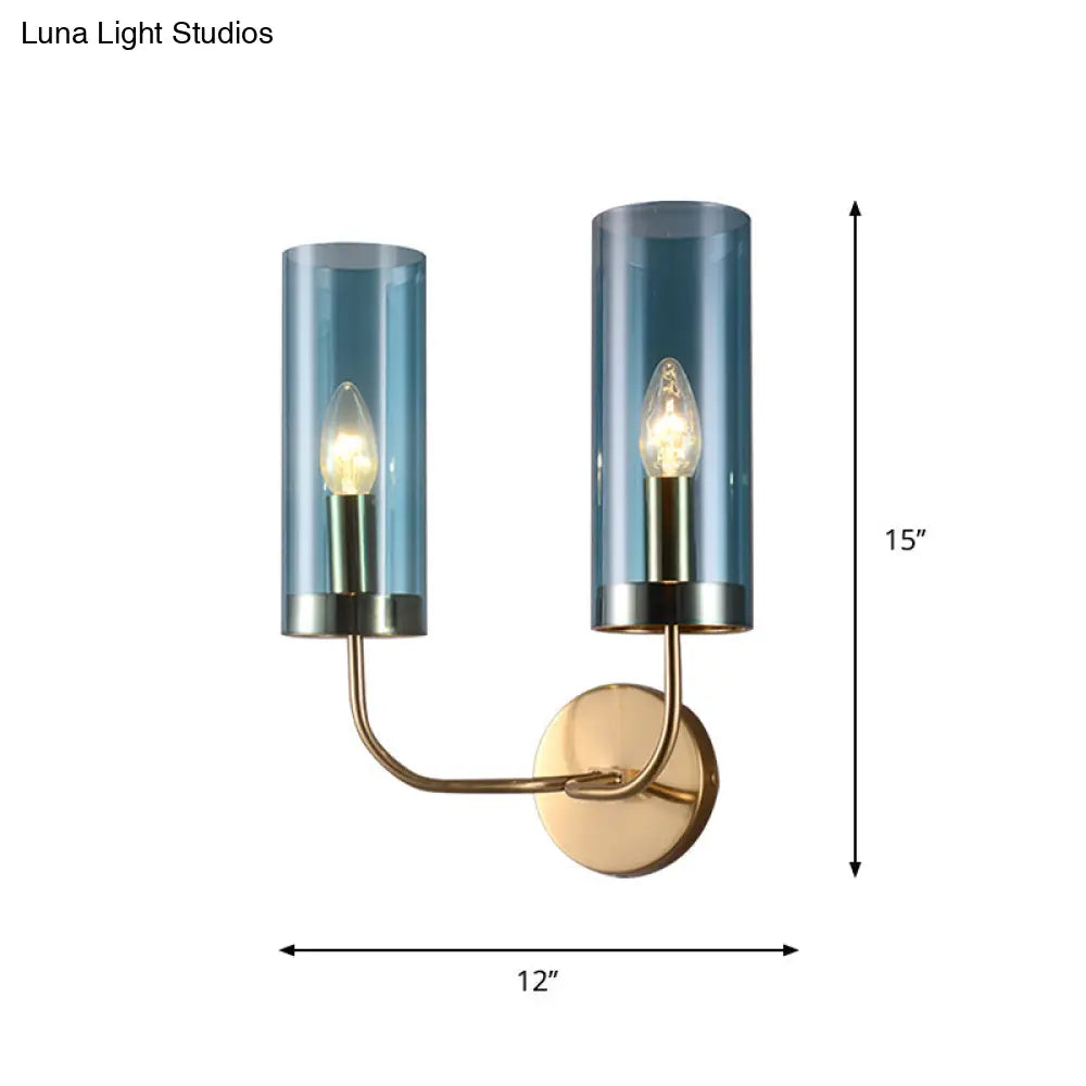 Retro Brass Sconce Wall Mount Lamp With Cylindrical Glass Shade 1/2 Light Fixture For Living Room