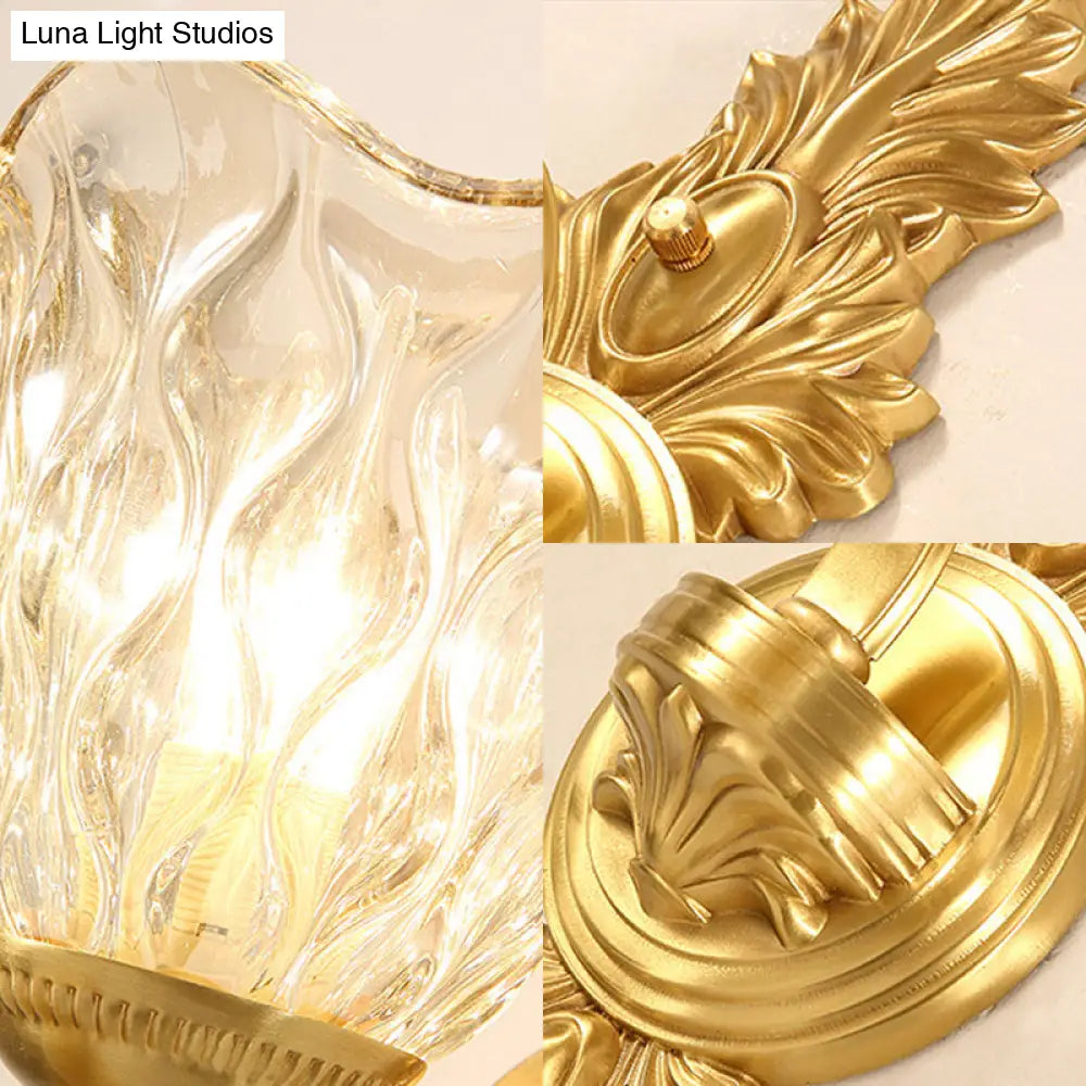 Retro Crystal Flower Wall Lamp - 1 Light Gold Flush Sconce For Living Room