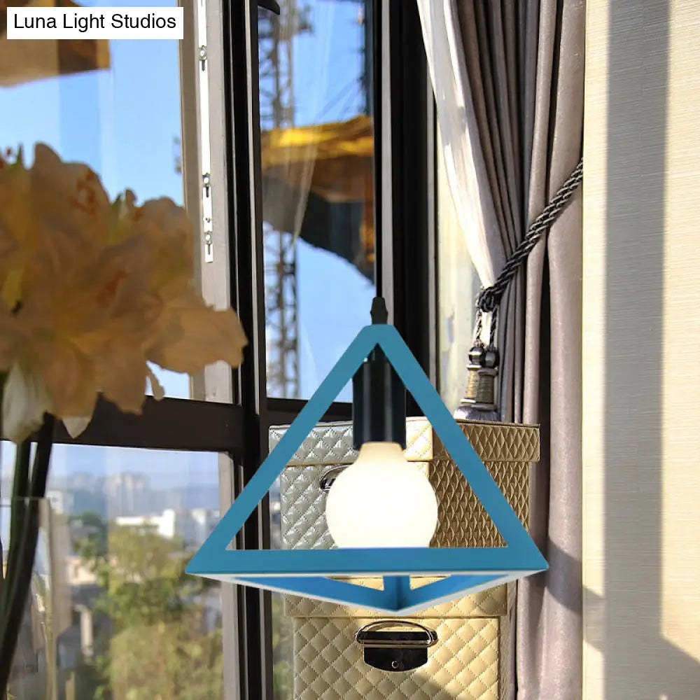 Retro Stylish Metal Hanging Lamp With Triangle Cage Shade - Red/Blue Pendant Lighting Fixture For