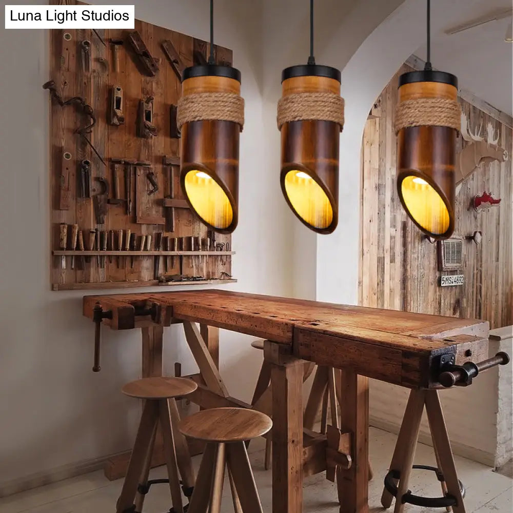 Retro Three-Light Bamboo Pendant Lamp In Brown Ideal For Dining Room