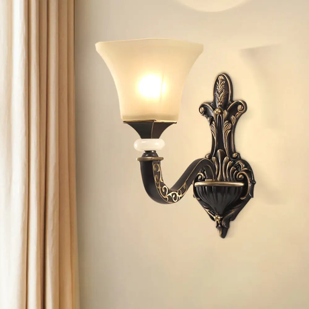 Retro Wall Mounted Light Fixture With Black 1/2-Bulb Milky Glass Flared Shade 1 /