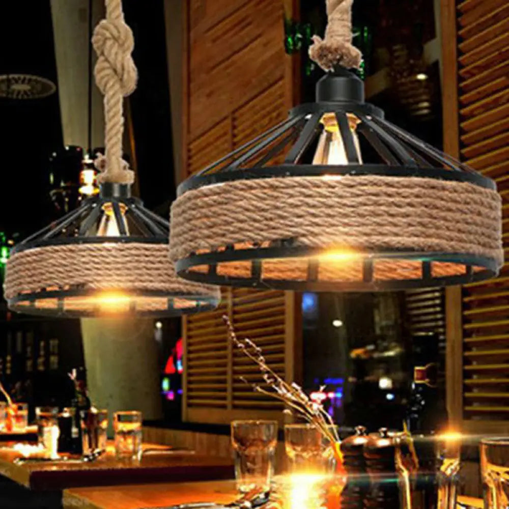 Retro Yurt Suspension Lighting: 1-Head Pendant Ceiling Light In Brown - Vintage Style With Hemp