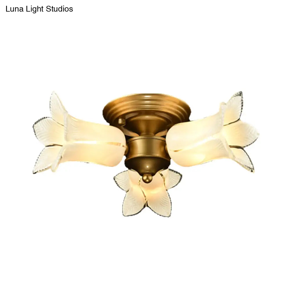 Romantic Pastoral Brass Ceiling Light Fixture With 3 Lily/Tulip Heads And Led Semi Mount For Living