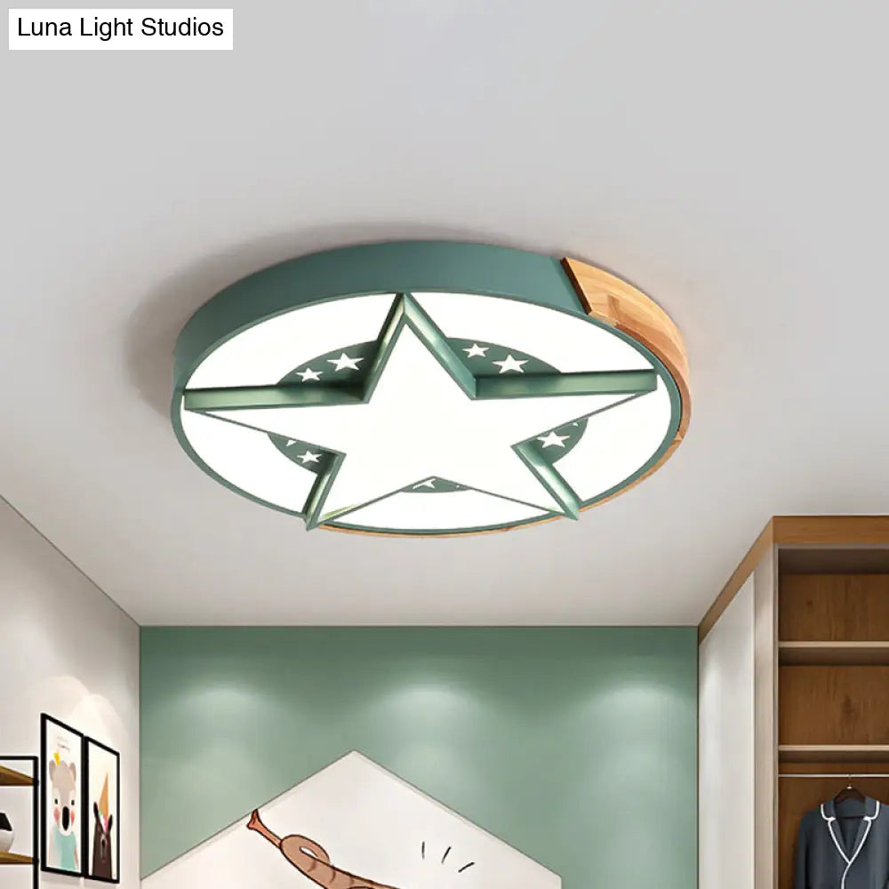 Round Metal Led Macaron Flush Mount Ceiling Light In White/Pink/Blue And Wood For Star - Themed