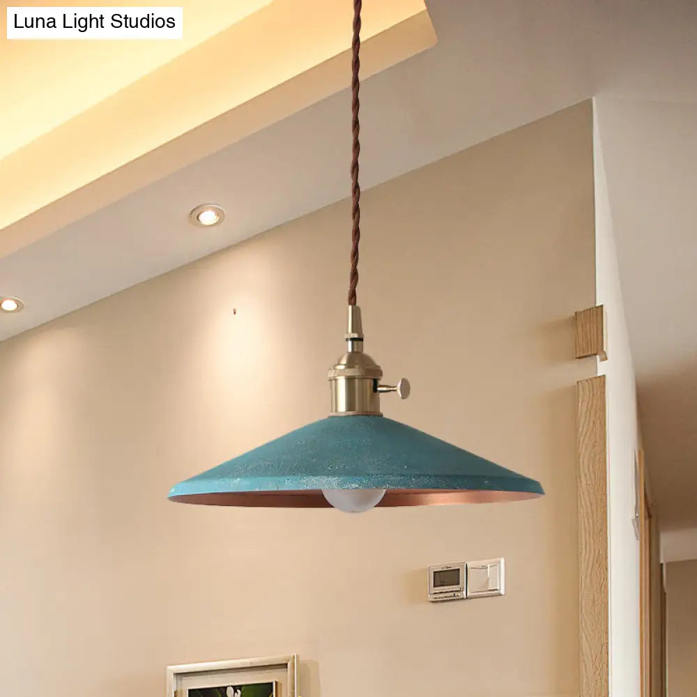 Rustic 1-Light Hanging Pendant Lamp In Blue/Red/Silver For Dining Room - Saucer Shade Iron Design