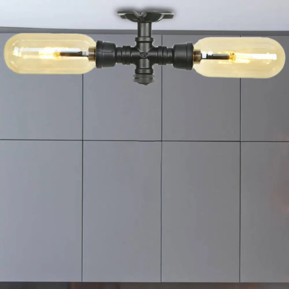 Rustic 2 - Bulb Amber Glass Semi Mount Ceiling Light In Matte Black - Dining Room Lighting With
