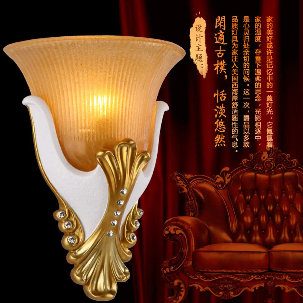 Rustic Bell Shaped Wall Sconce Lighting With Fluted Glass For Bedroom Yellow / 9.5