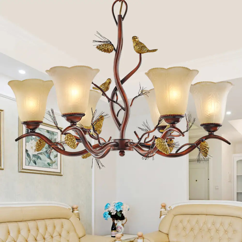 Rustic Frosted Glass Ceiling Chandelier With Bird Flower Shape 3/6/8 Lights - Brown Hanging Fixture