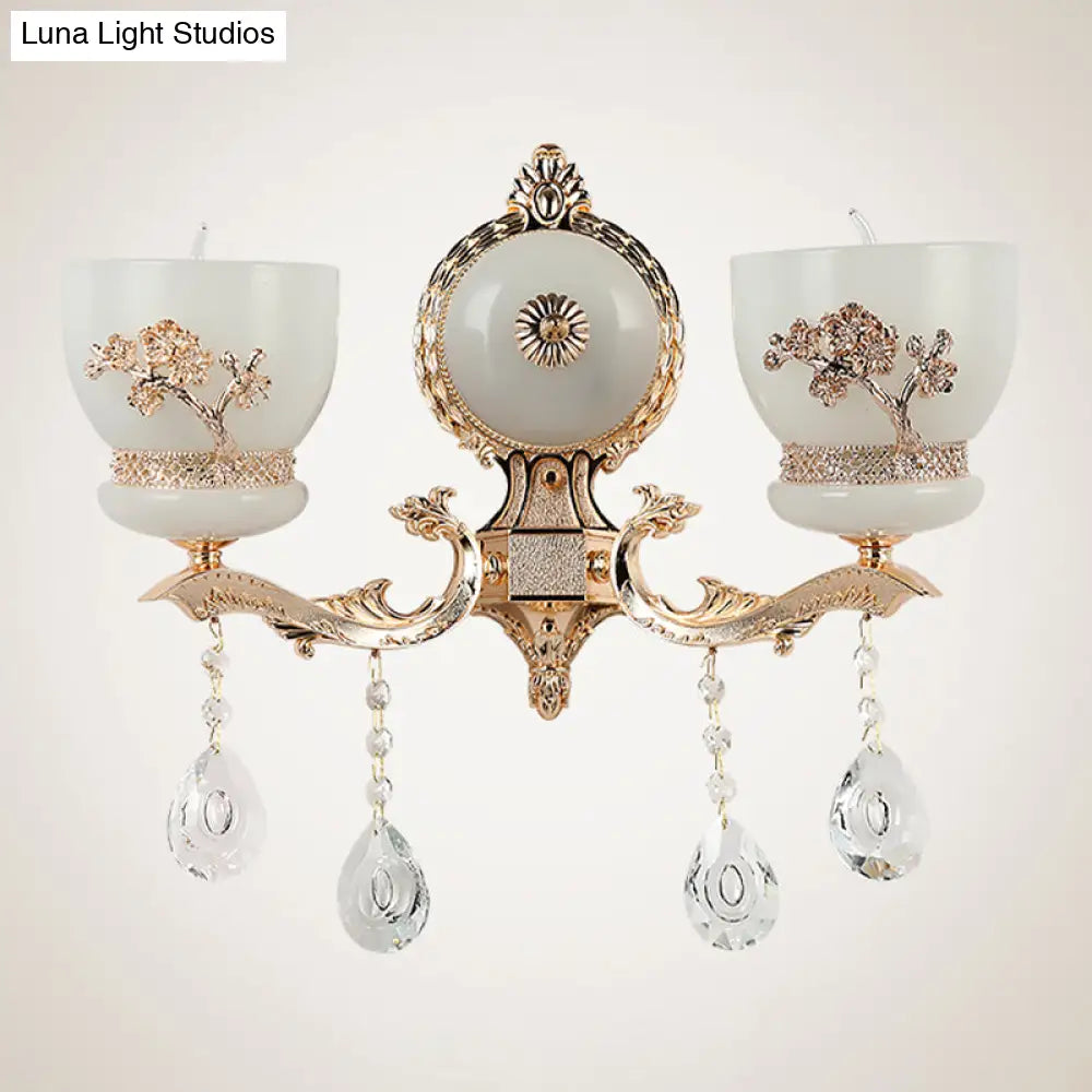 Rustic Gold Wall Sconce With Flower-Embossed Bowl And Frosted Glass - Crystal Accent
