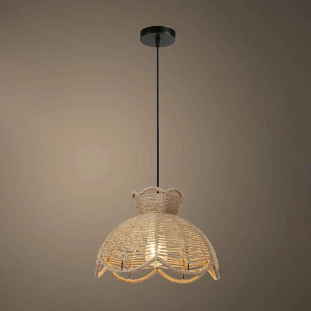 Rustic Hemp Rope Pendant Light Fixture In Brown - Vintage Wrapped Hanging Lamp With 1 Bulb / G