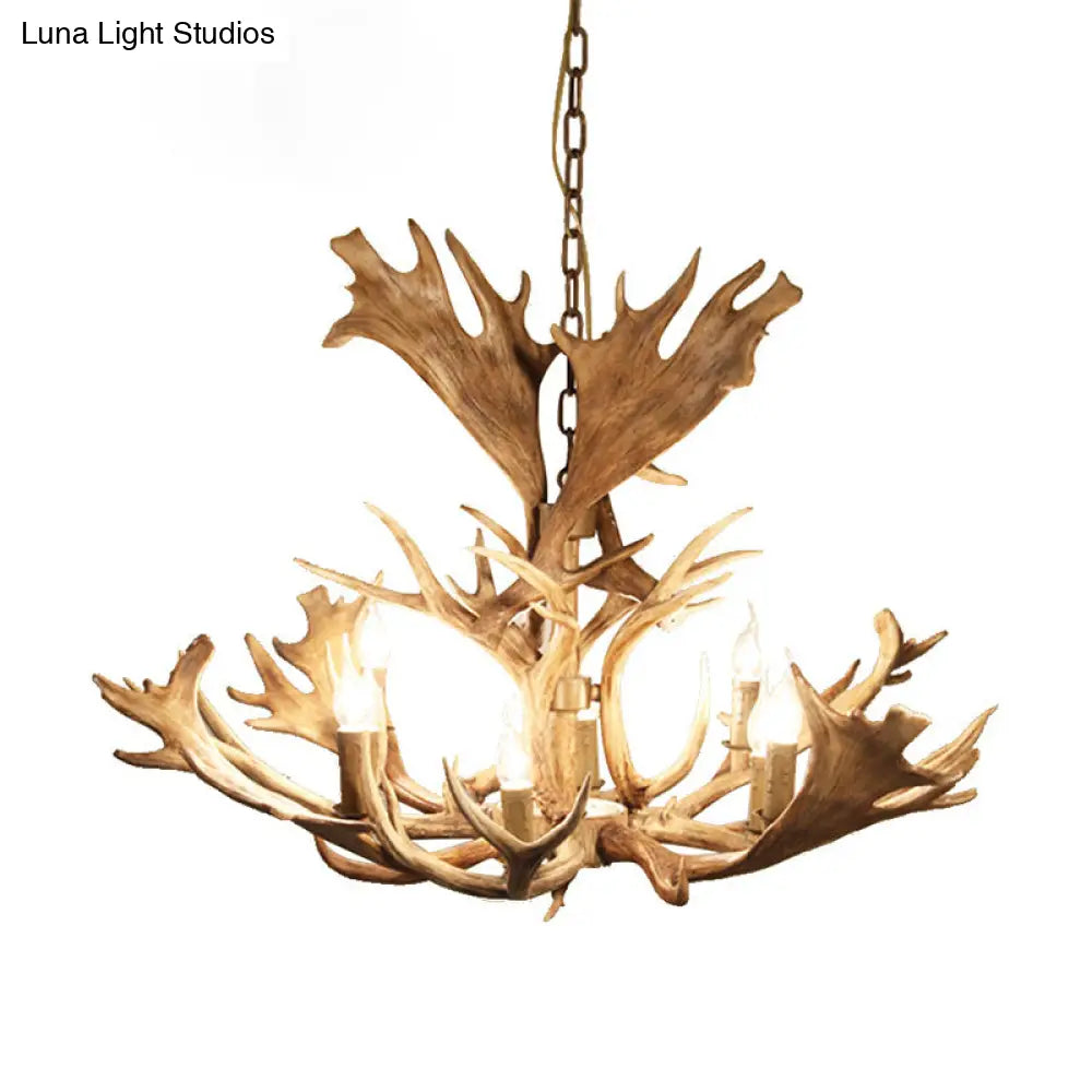 Rustic Resin Brown Hanging Chandelier Light Fixture - Candle-Style 8 Bulbs Dining Room Pendant