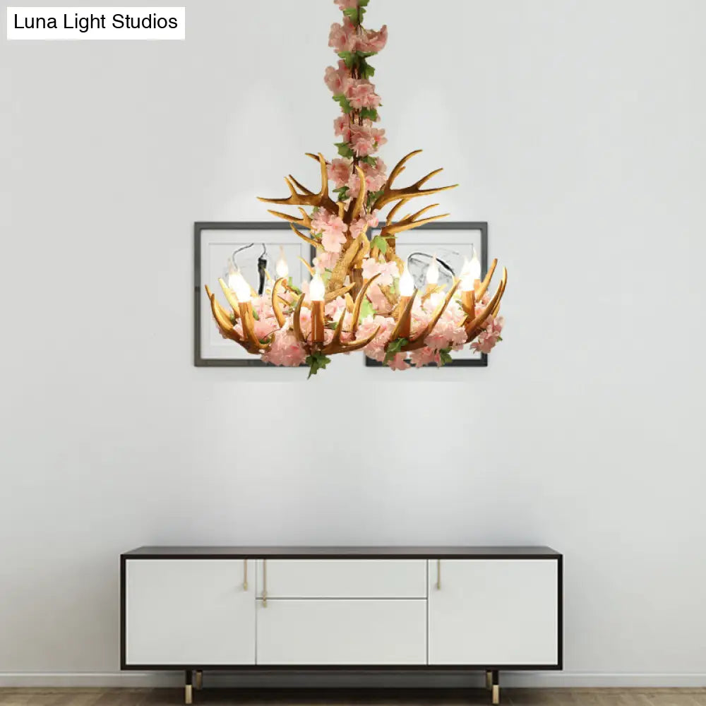 Rustic Resin Hanging Lamp - Candle Living Room Pendant Light With 4/6/12 Bulbs Pink/Green Chandelier