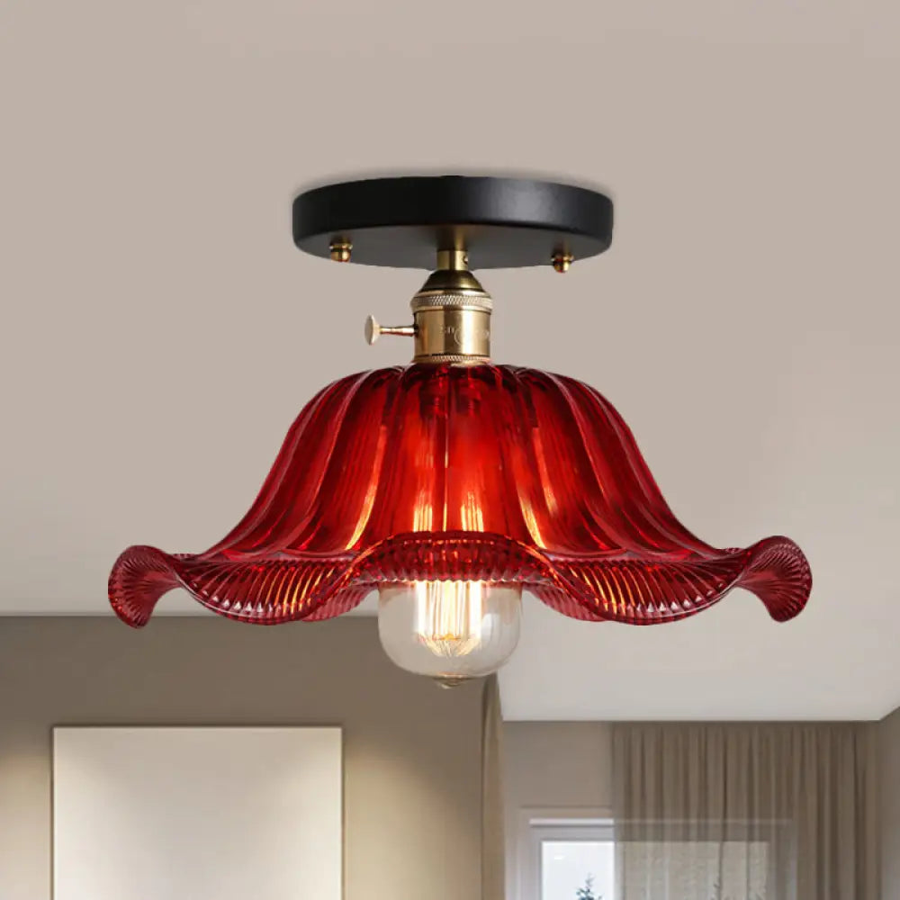 Rustic Ribbed Glass Scalloped Semi Flush Light Red/Blue/Clear 8’/10’/12’ Wide Red / 10’