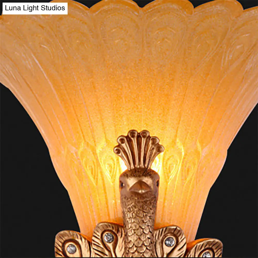 Rustic Style Peacock Wall Mount Lamp - 1 Light Red/Gold Resin With Orange Glass Scalloped Shade