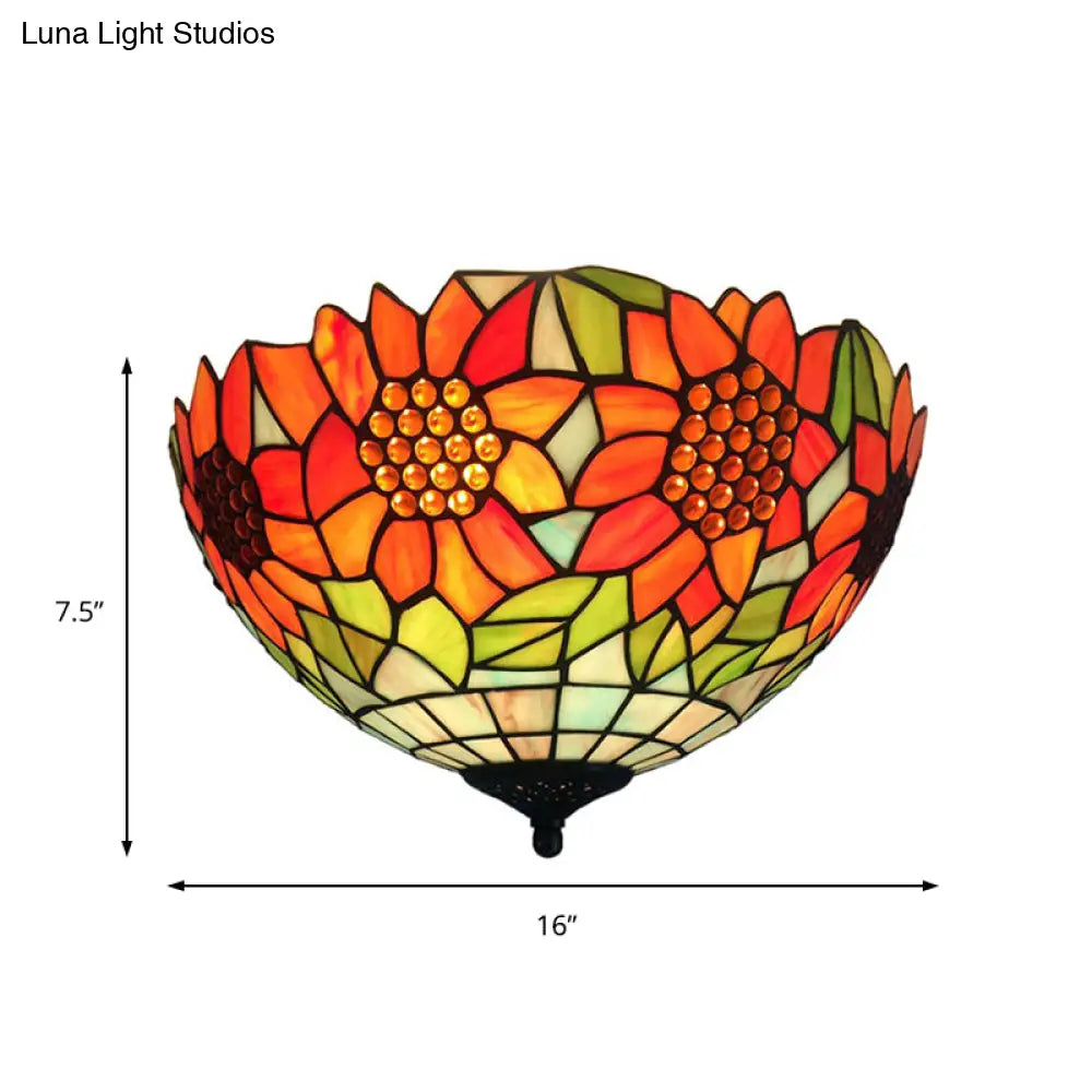 Rustic Sunflower Stained Glass Flush Mount Light In Orange For Dining Room