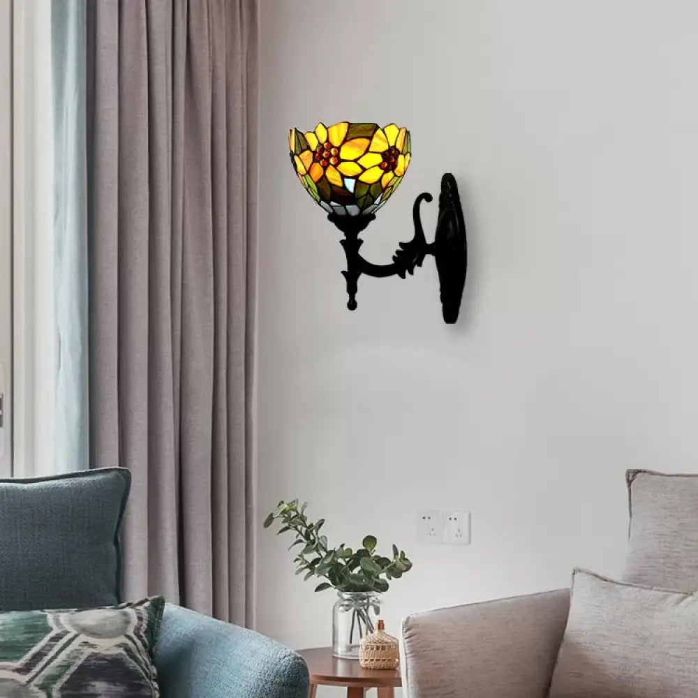 Rustic Tiffany Wall Mounted Flower Light - Multicolored For Hallways Orange
