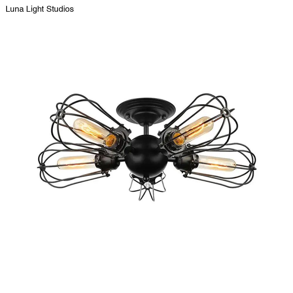 Rustic Wire Frame Ceiling Light - Vintage Bulb Shape With 3/5 Metal Lights In Black For Farmhouse