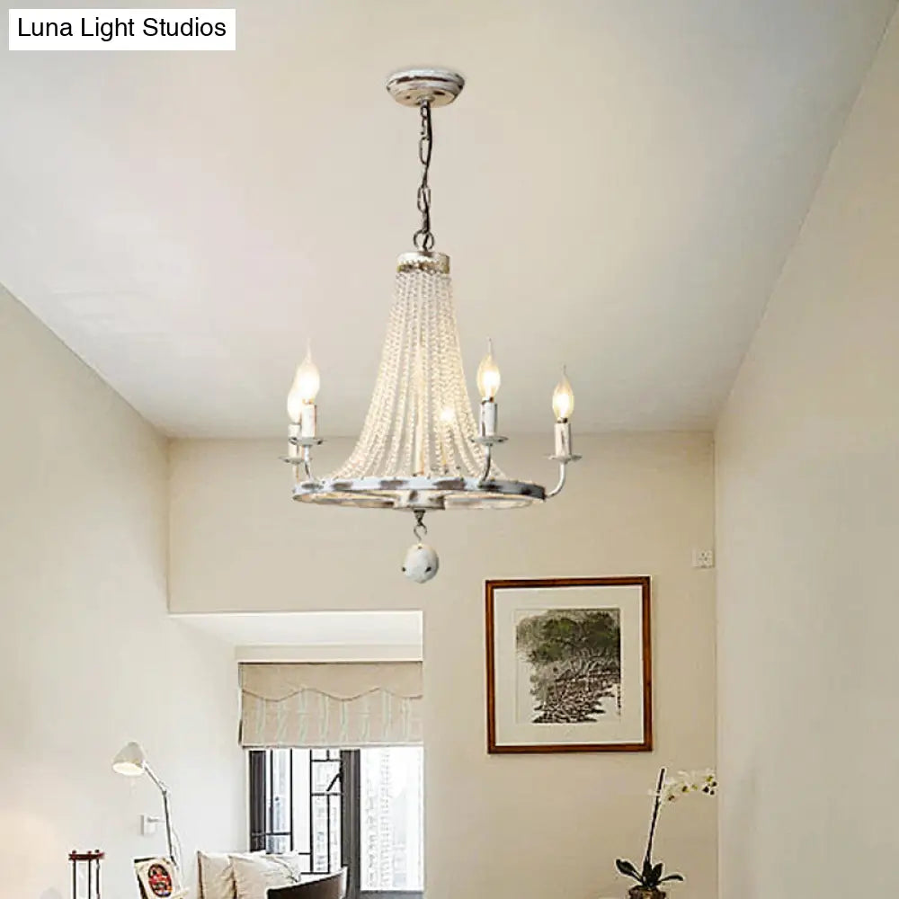 Rustic Wood Bead Chandelier With Clear Crystals - Vintage Wagon Wheel Pendant Light For Living Room