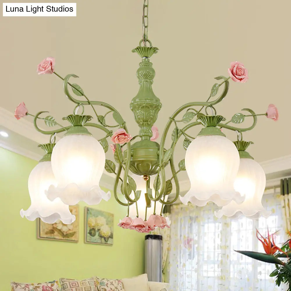 Sandblasted Glass Chandelier - 5 Bulbs Traditional White/Green Floral Design Bedroom Pendant