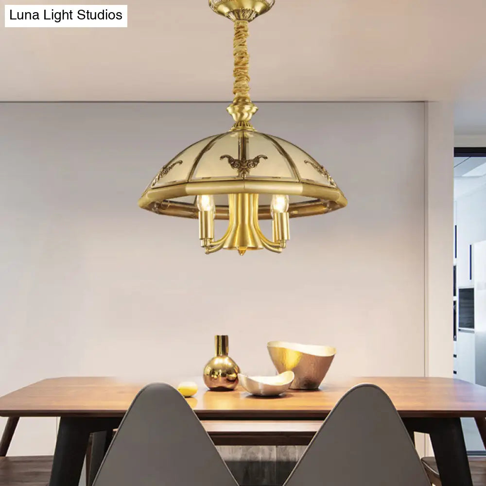 Sandblasted Glass Chandelier - Colonial Brass Dome Bedroom Pendant Lighting Fixture Set Of 5 Bulbs
