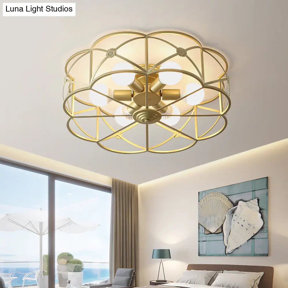 Scalloped Cage Iron Gold Flush Mount With 6 Bulbs - Stylish Colonial Ceiling Light Fixture For