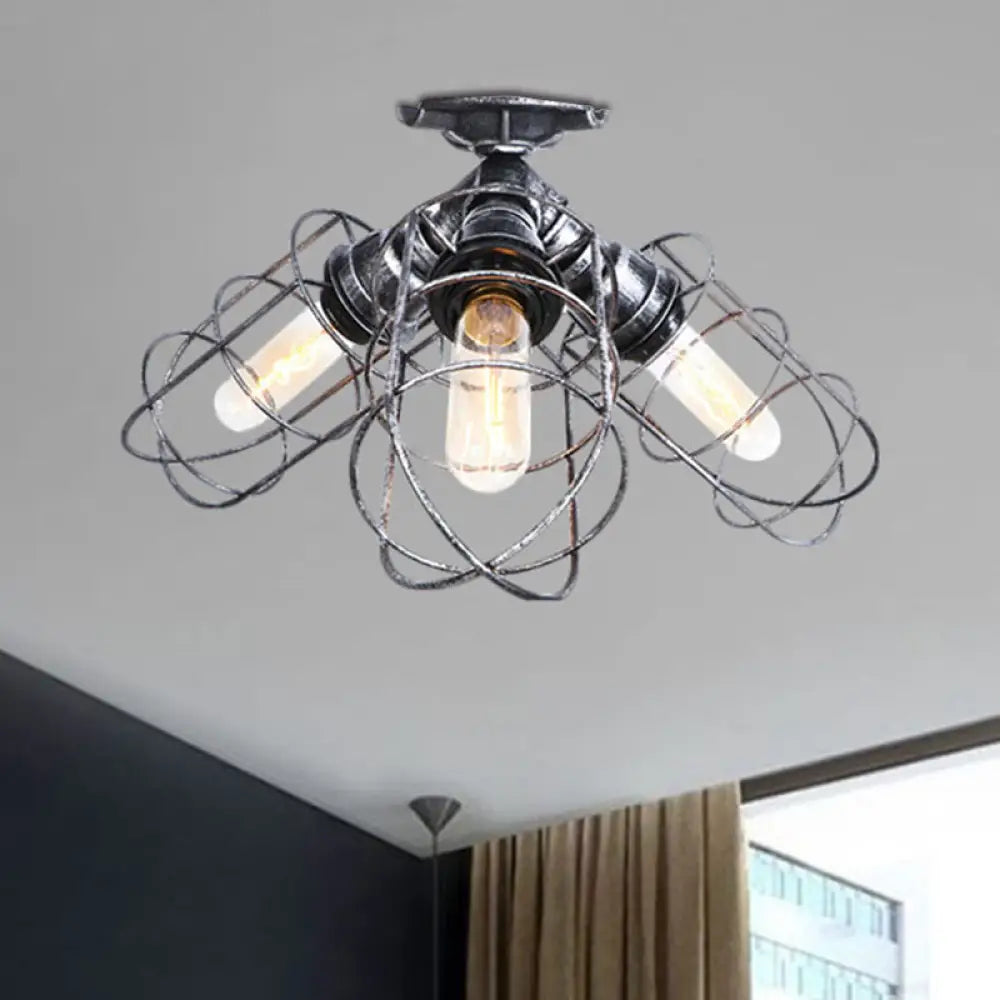 Semi Flush Farmhouse Pendant Light – Rustic Wrought Iron With Wire Frame 3 Lights Bronze/Aged