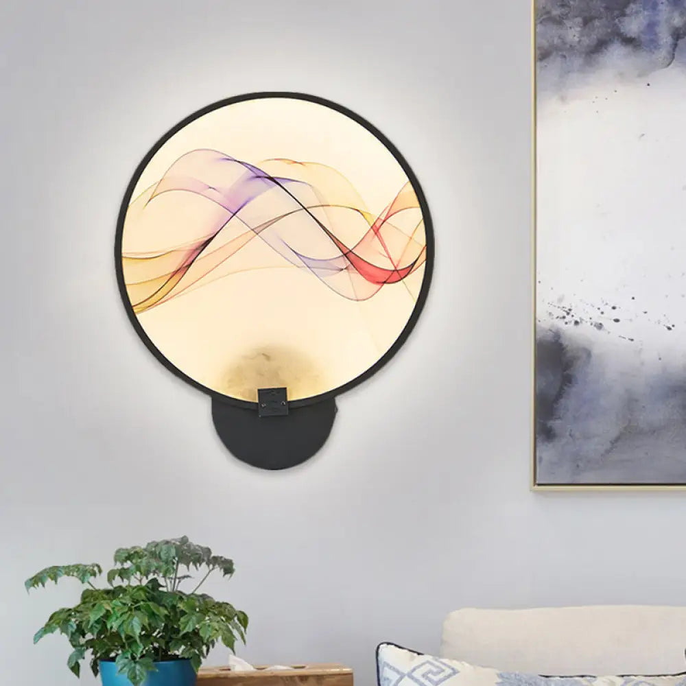 Silk Flush Wall Mural Sconce: Circle Design Led Mounted Lighting Fixture In Asia Fabric White/Beige