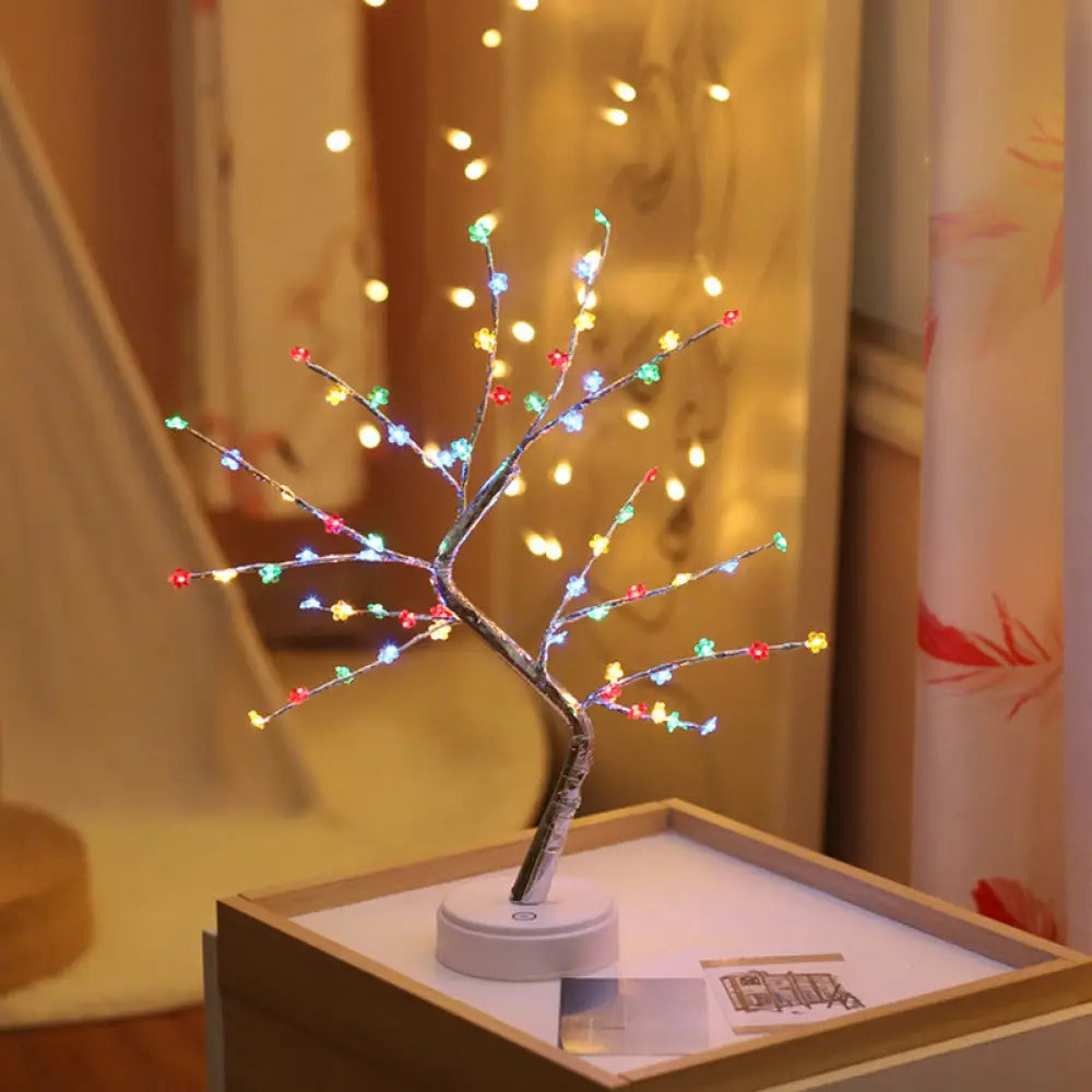 Silver Tree Led Table Light - Battery-Powered Nightstand Lamp For Living Room / Battery D