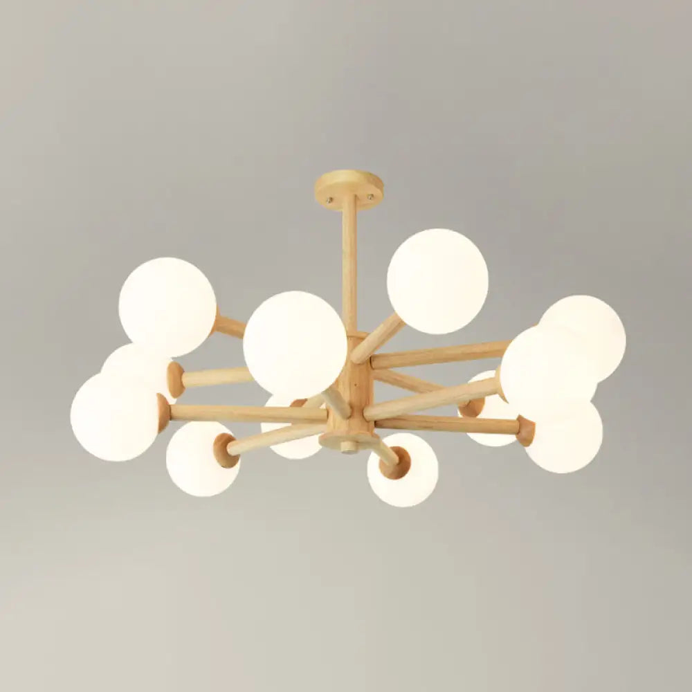 Simplicity Modern Beige Wood Hanging Light With White Frosted Glass Shade For Living Room & Bedroom