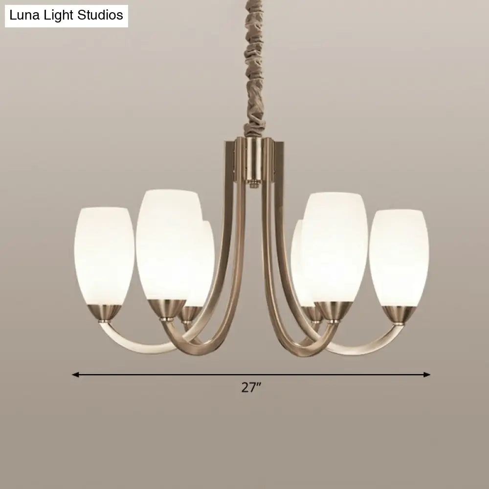 Simplicity Nickel Finish Swoop Arm Chandelier With Oval White Glass Shade: Elegant Metal Pendant