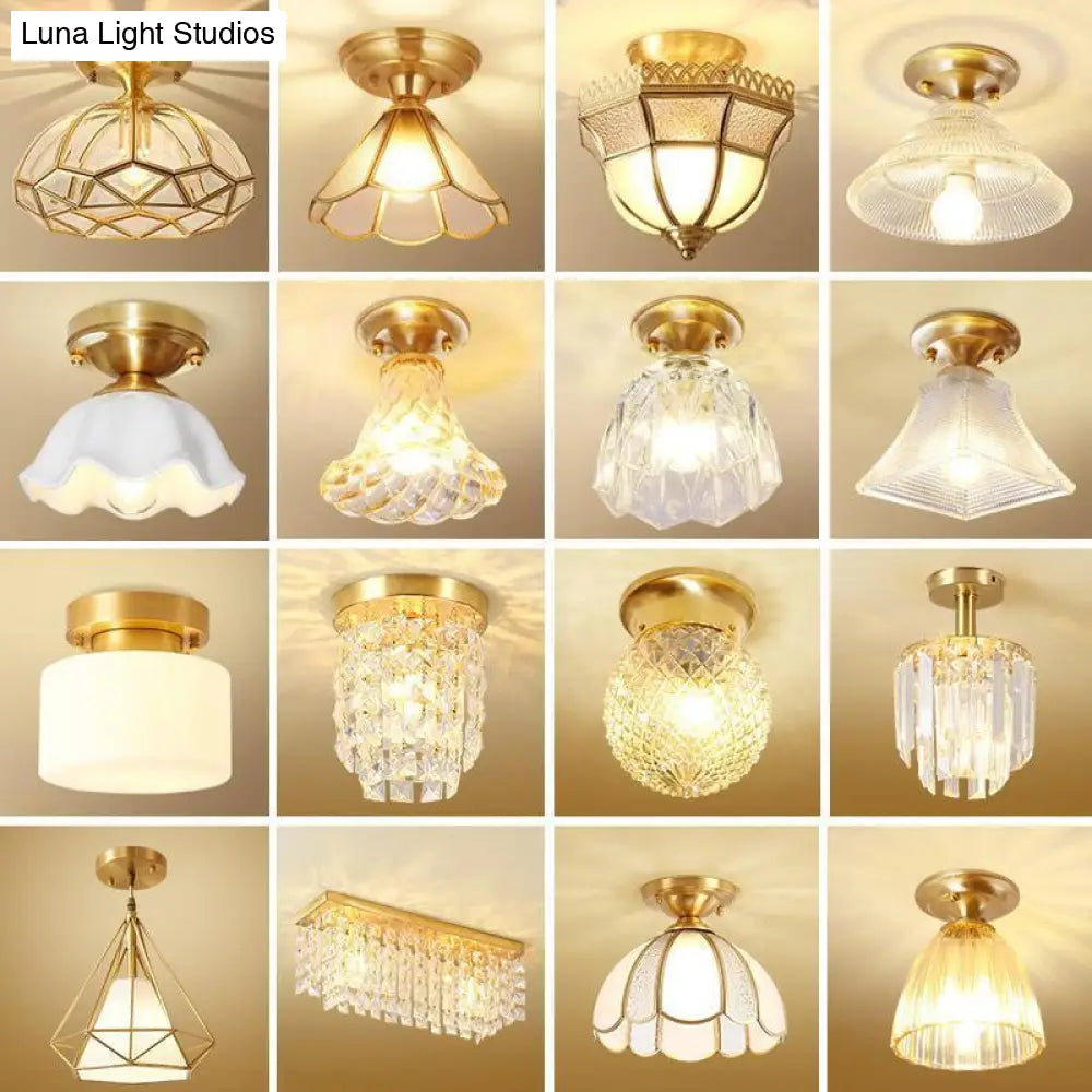 Sleek Gold Glass Tapered Semi Flush Mount Ceiling Light - Minimalistic Single-Bulb For Corridors