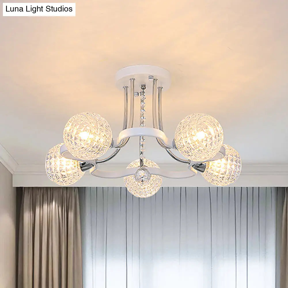 Sleek White Glass Ball Ceiling Light With Lattice Design - Semi Flush Mount 3/5 Lights Modern