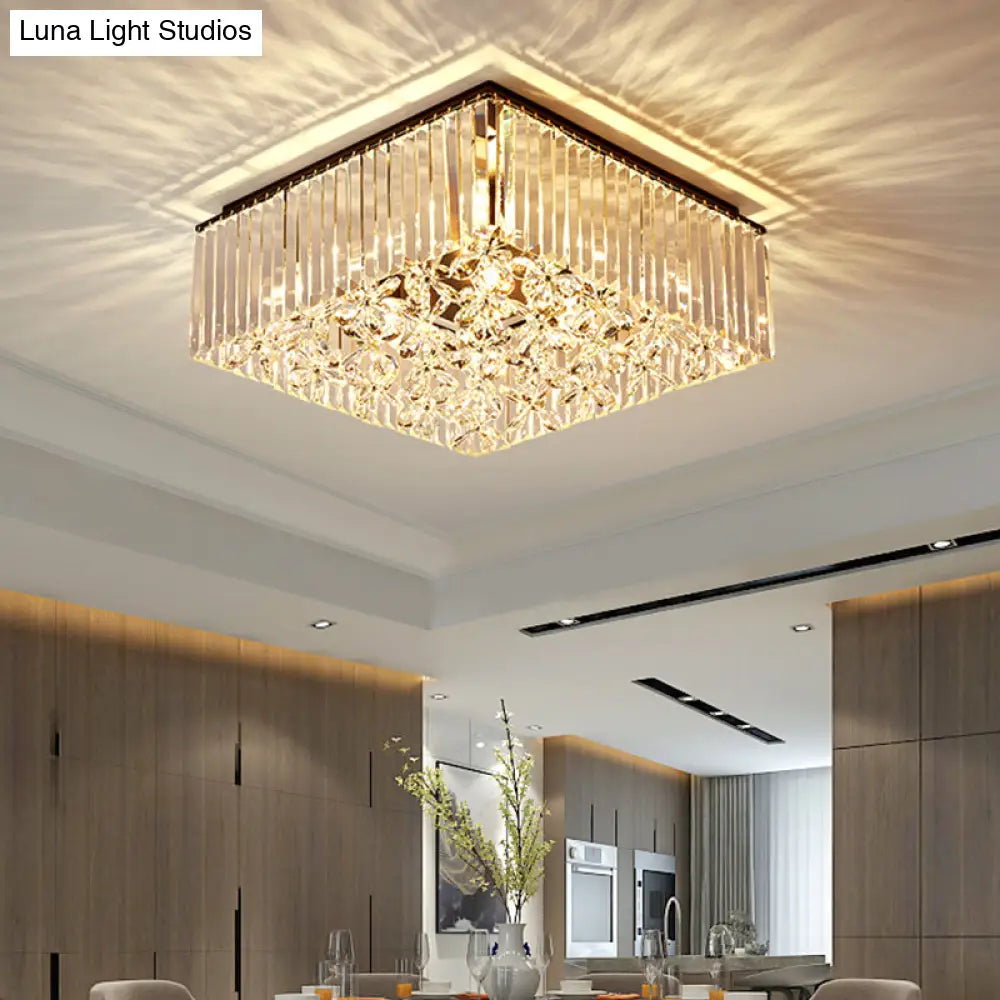 Smoke Gray Crystal Flush Mount With Flower Droplet - 7 Head Modern Light Fixture For Bedrooms