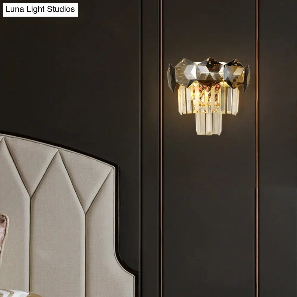 Smoke Gray Vintage Faceted Wall Sconce With Modernist Design - 2 Bulbs Light Fixture For Restaurants