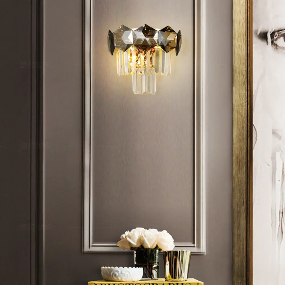 Smoke Gray Vintage Faceted Wall Sconce With Modernist Design - 2 Bulbs Light Fixture For Restaurants