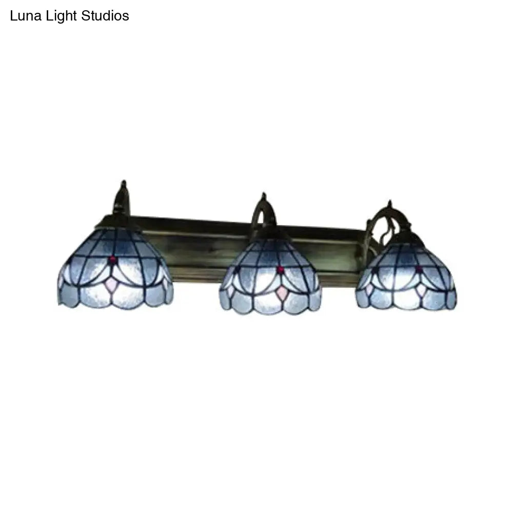 Stained Glass Vintage Vanity Light - Dome Wall Mount With Curved/Arc Arm 3 Lights For Bathroom