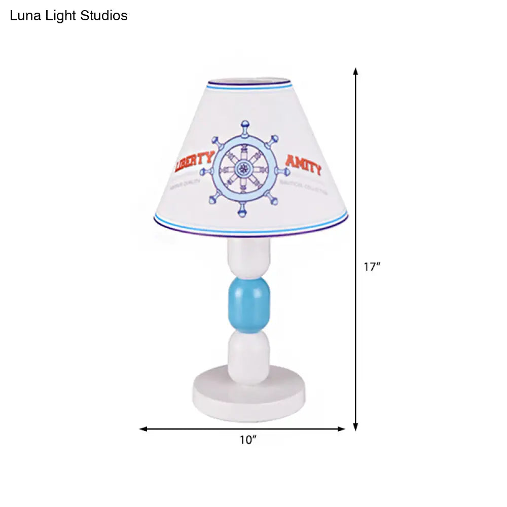 Stylish White Conic Shade Table Lamp With Cartoon Rudder/Dinosaur Pattern - 1 Light Fabric And Metal