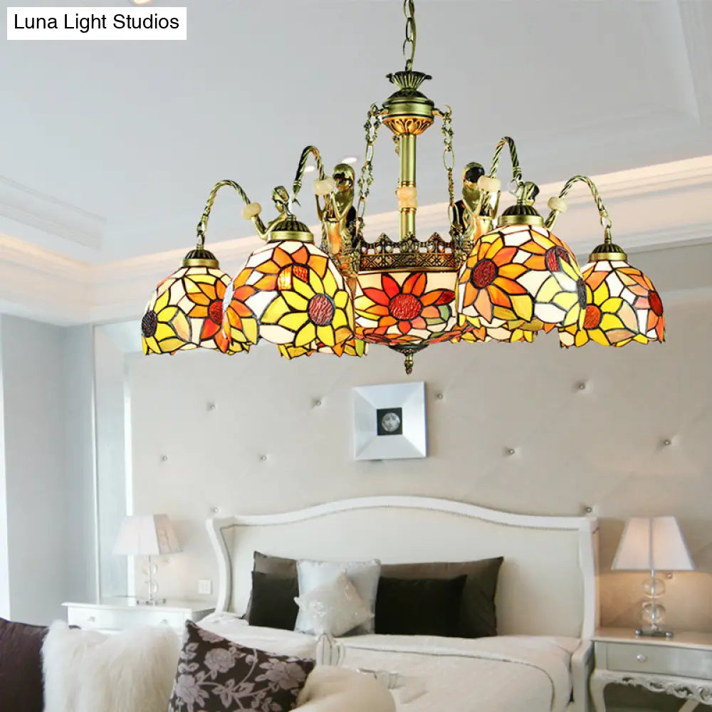 Sunflower Tiffany Cut Glass Pendant Chandelier With 9/11 Tribute Lights In Orange For Bedroom