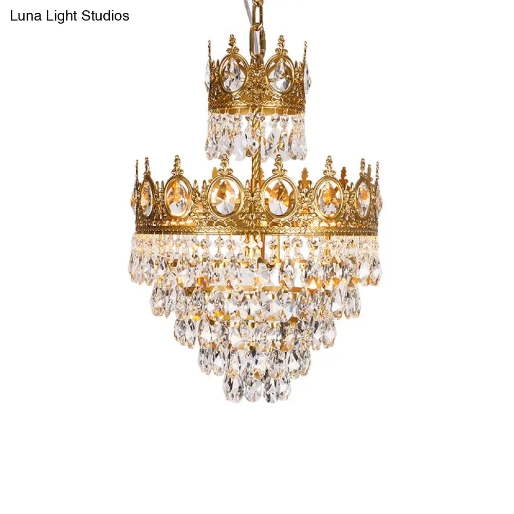 Tiered Tapered Chandelier With Clear Teardrop Crystals - Traditional Style Gold Crown Top