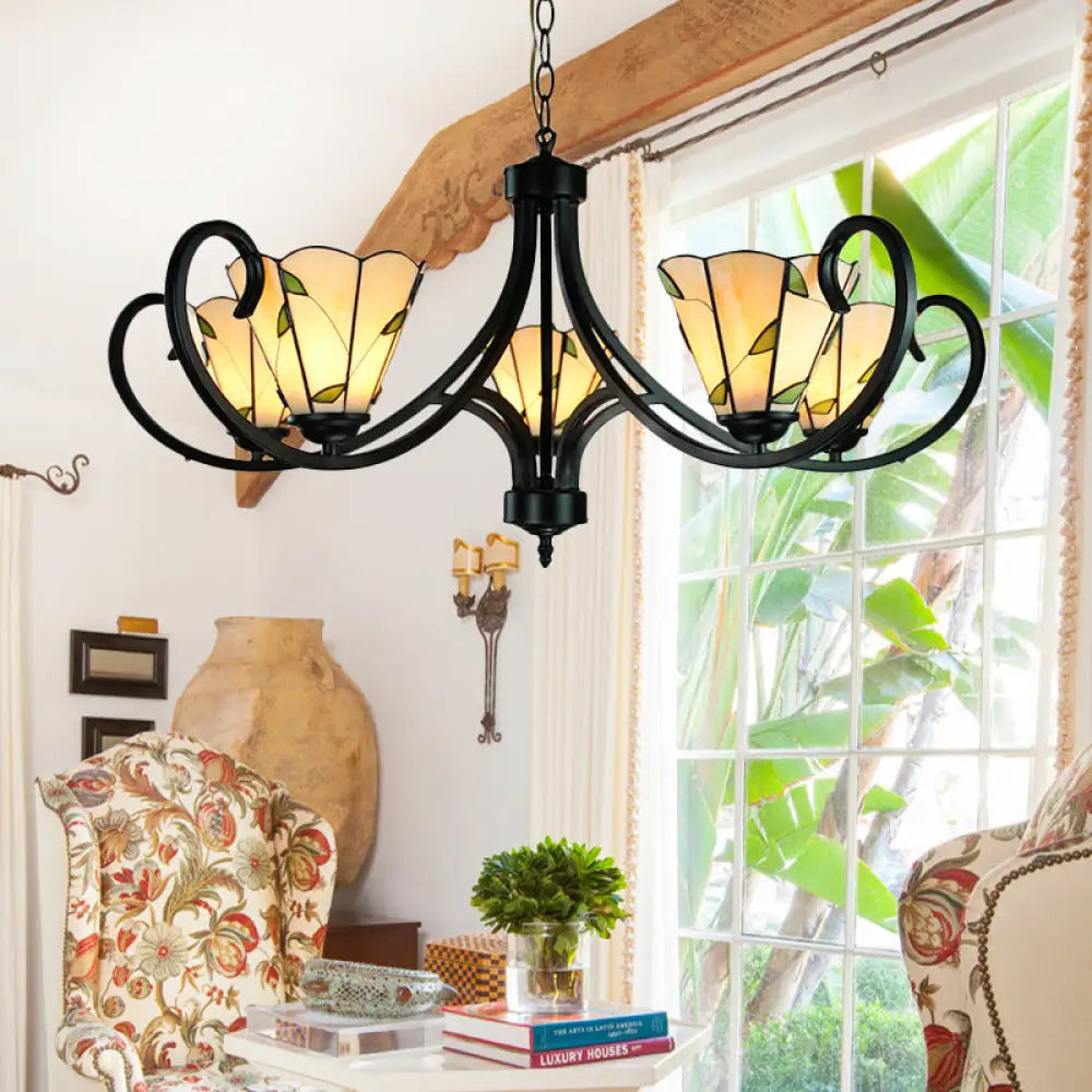 Tiffany Cone Chandelier Lamp With Stained Glass And Beige Shade For Bedroom - 5/6/8 Heads 5 /