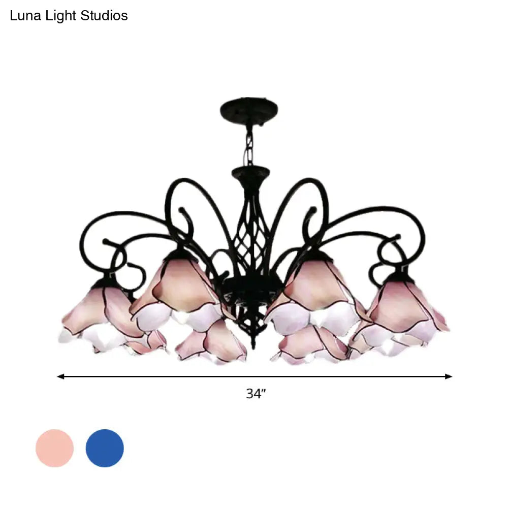 Tiffany Glass Petal Chandelier Light Fixture - 5/8 Lights With Black Ceiling Pendant For Bedroom In