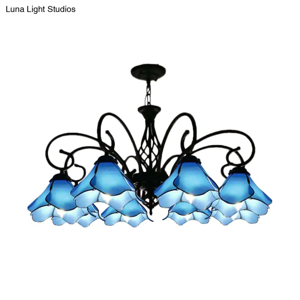 Tiffany Glass Petal Chandelier Light Fixture - 5/8 Lights With Black Ceiling Pendant For Bedroom In