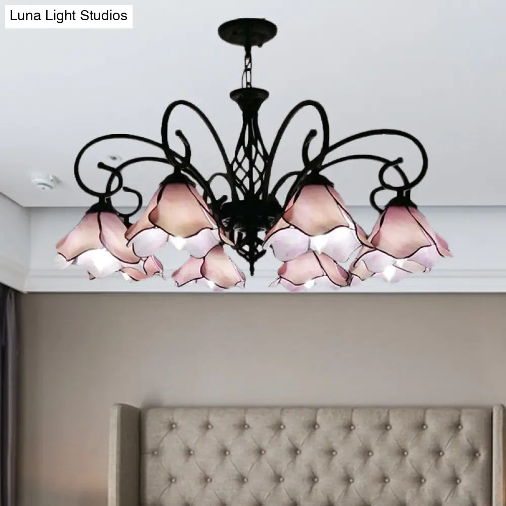 Tiffany Glass Petal Chandelier Light Fixture - 5/8 Lights With Black Ceiling Pendant For Bedroom In