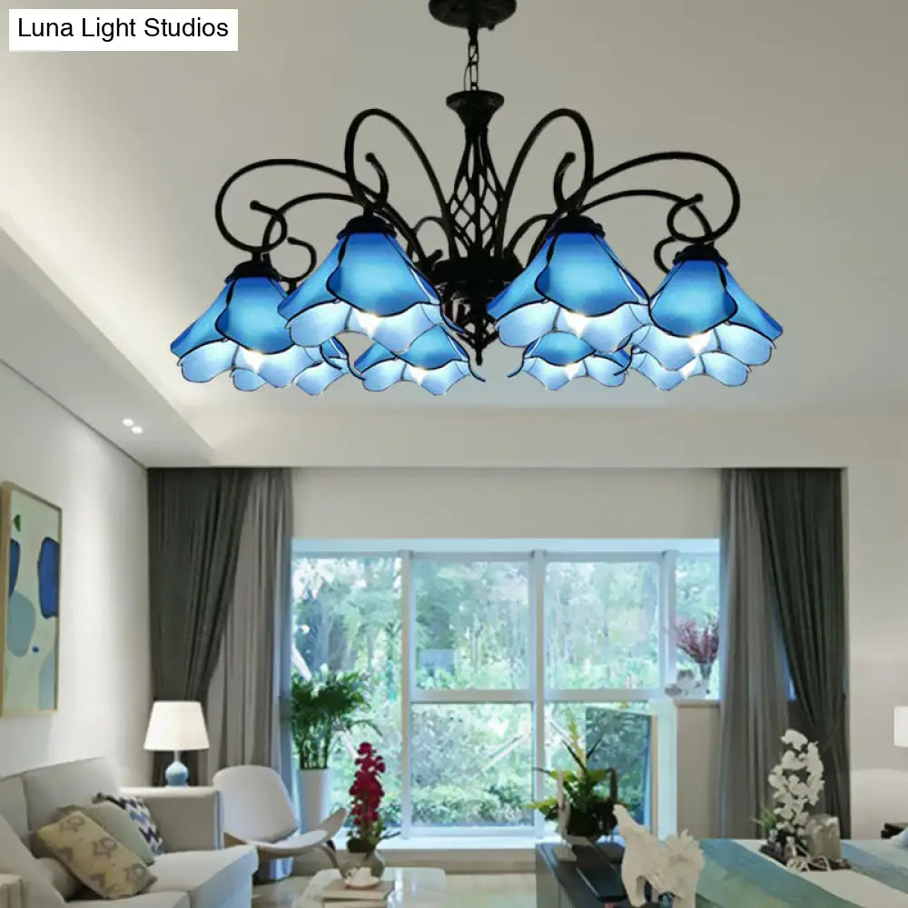 Tiffany Glass Petal Chandelier Light Fixture - 5/8 Lights With Black Ceiling Pendant For Bedroom In